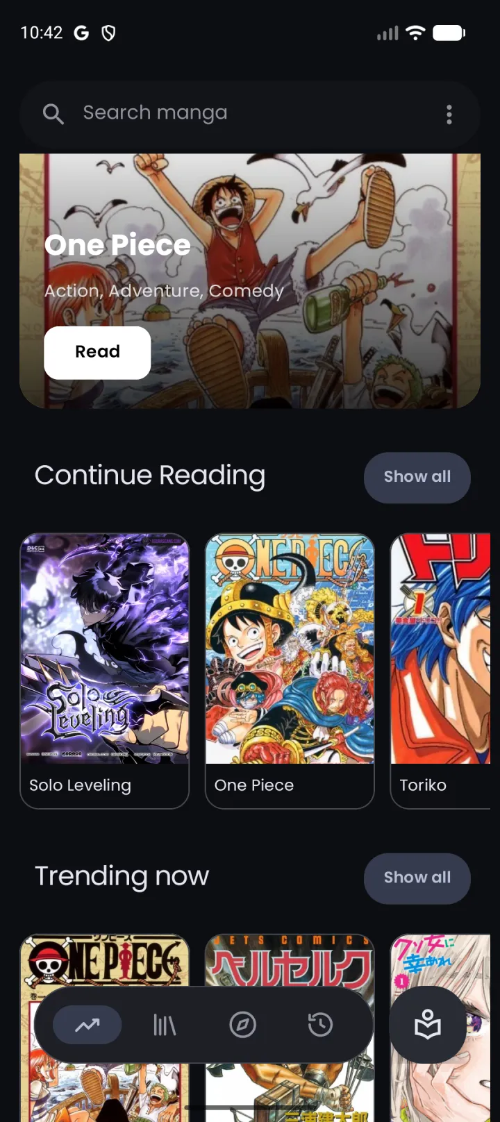 Nyora manga reader home screen on Android