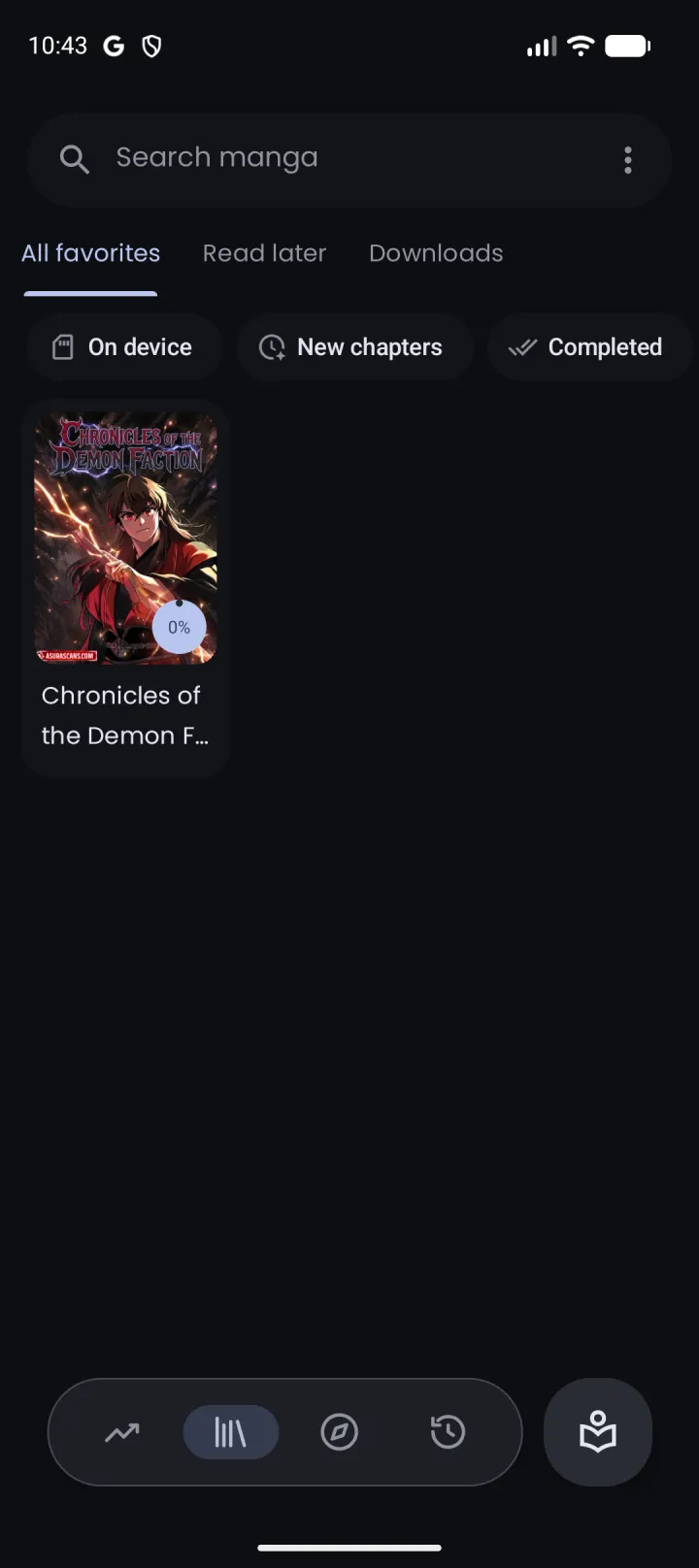 Nyora manga reader on Android — Library: Your saved manga in custom categories, sorted however you like.