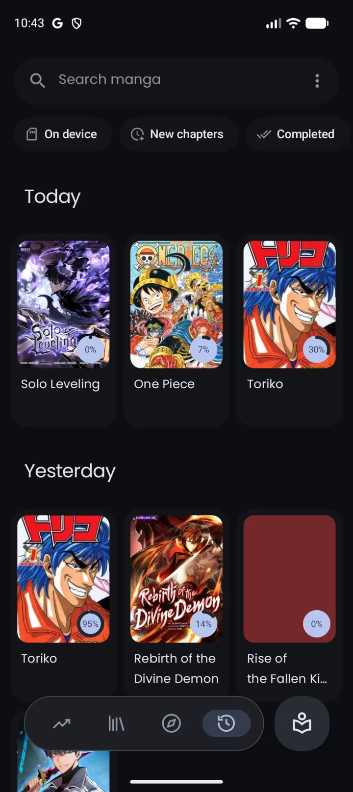 Nyora manga reader on Android — History: Everything you have read recently, ready to pick back up.