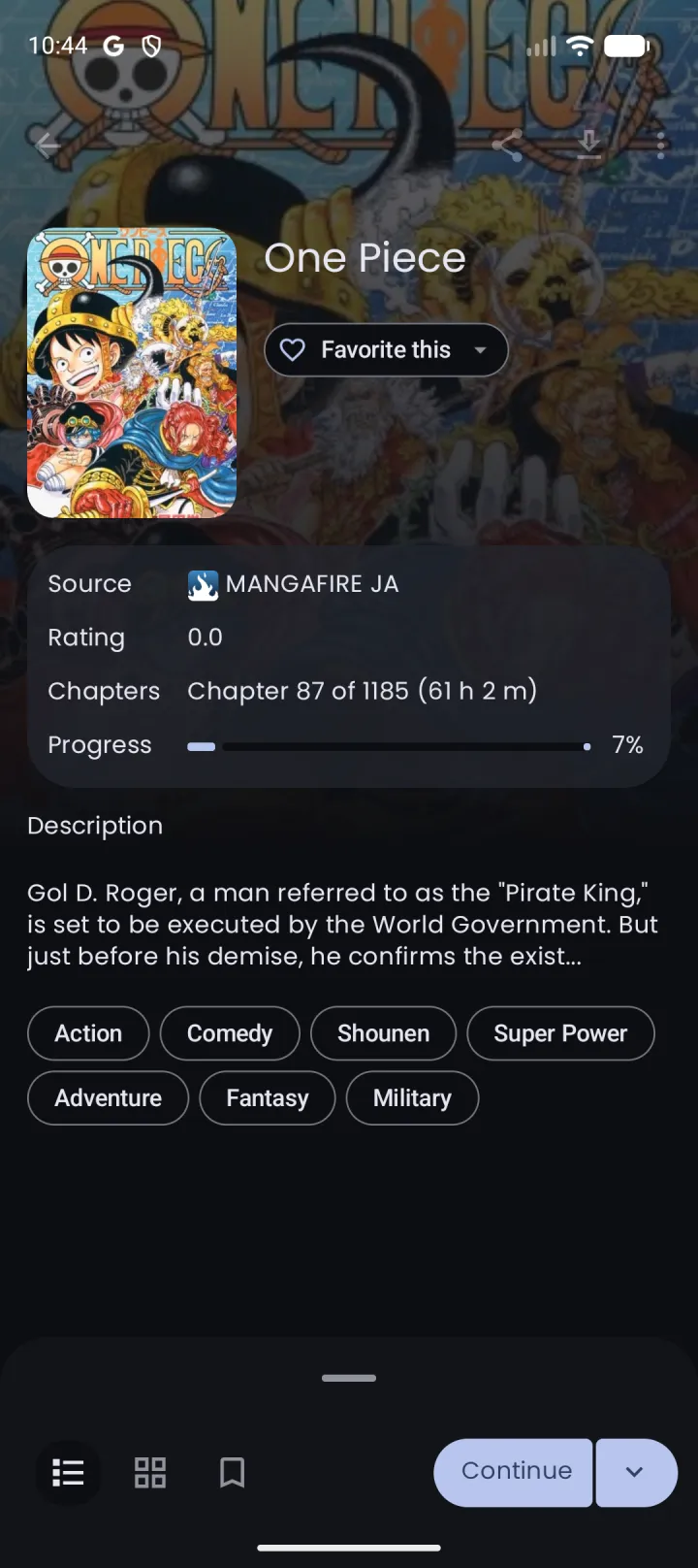 Nyora manga reader on Android — Details: Cover, synopsis and the full chapter list for any title.