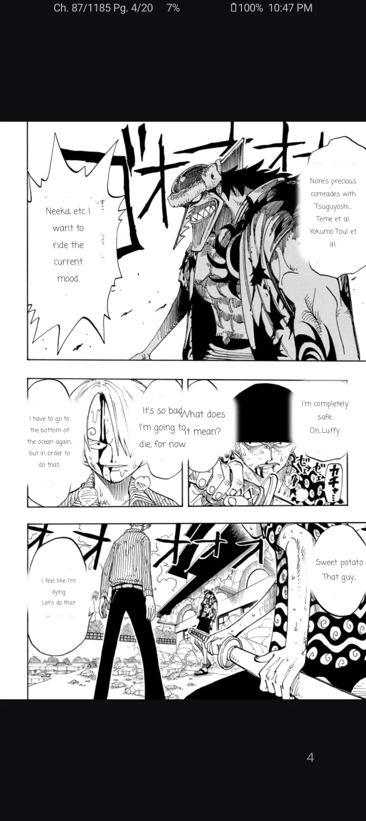 Nyora manga reader on Android — AI translation: Whole-page translation overlaid right onto the original art.