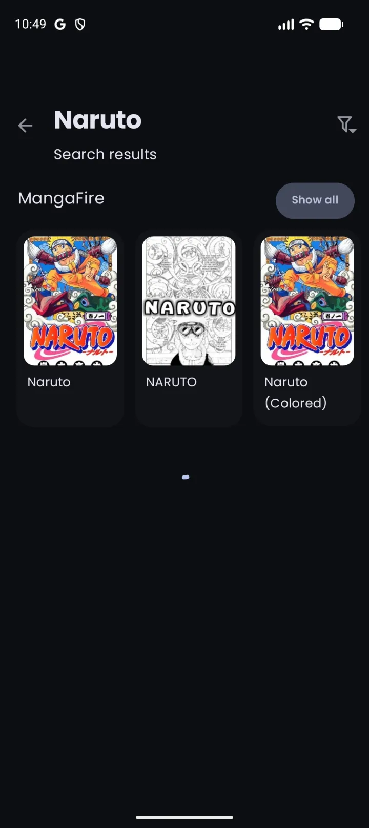Nyora manga reader on Android — Search: Search every installed source at once.