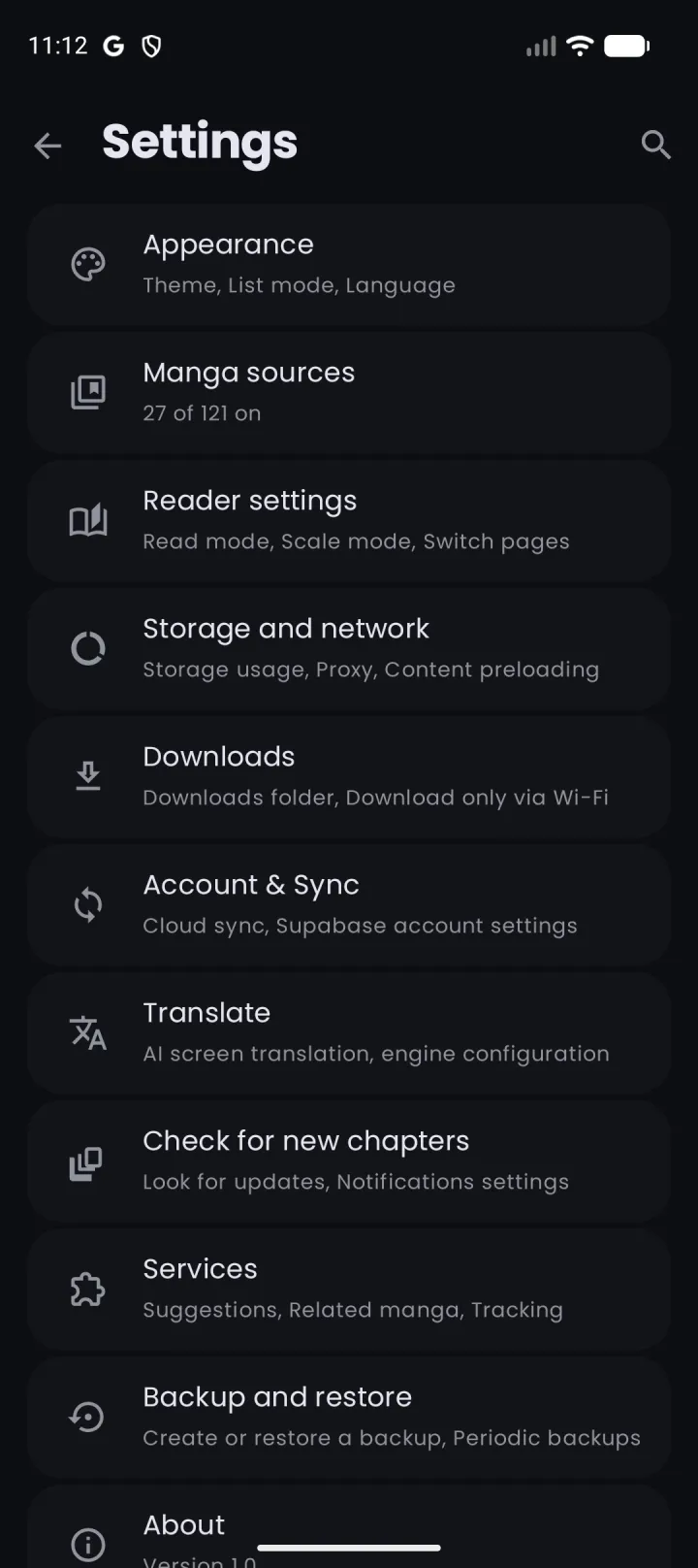 Nyora manga reader on Android — Settings: Deep control over the reader, sources, sync and privacy.