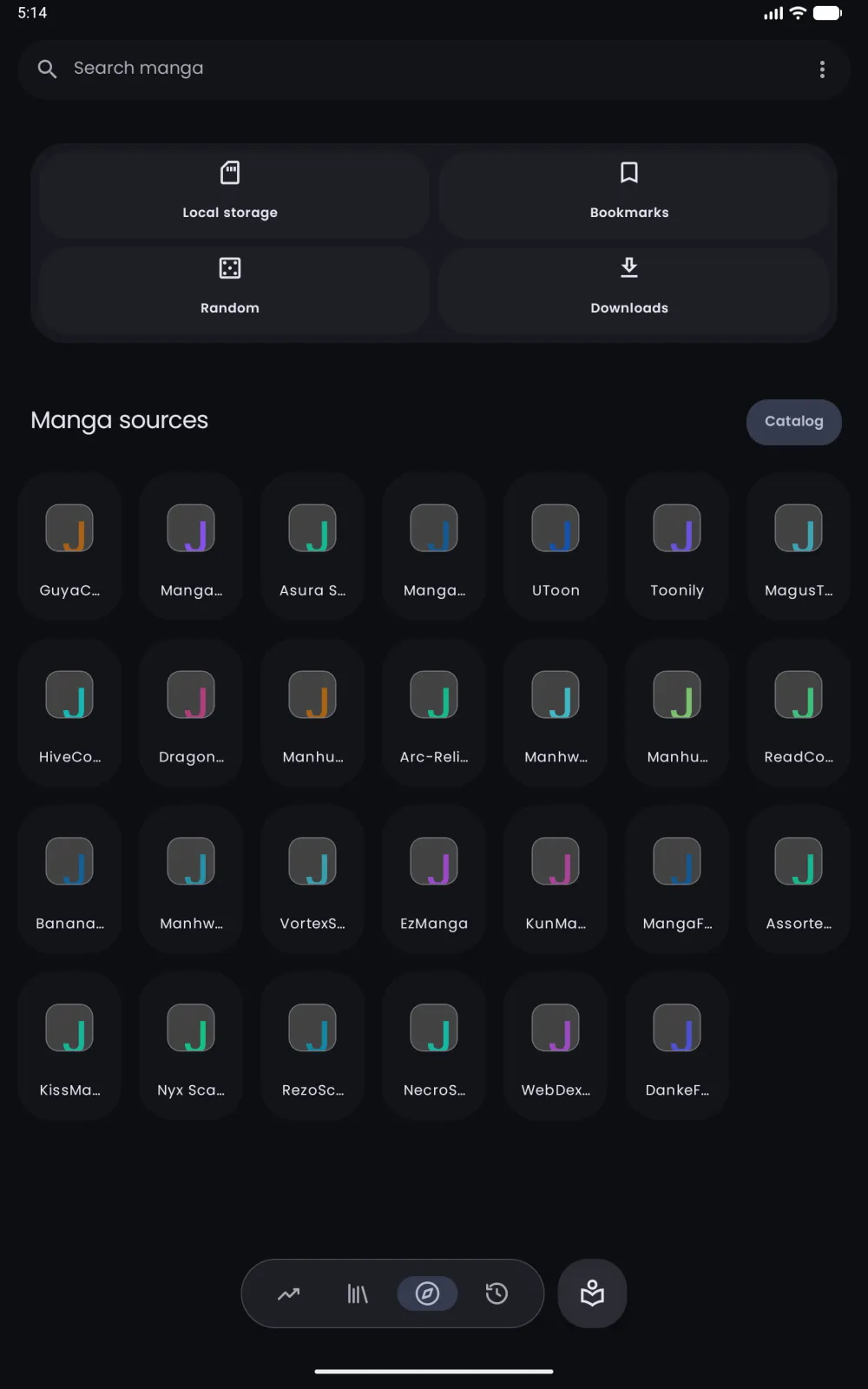 Nyora manga reader on Android tablet — Explore: Local, Bookmarks, Random and Downloads shortcuts above the full grid of sources.