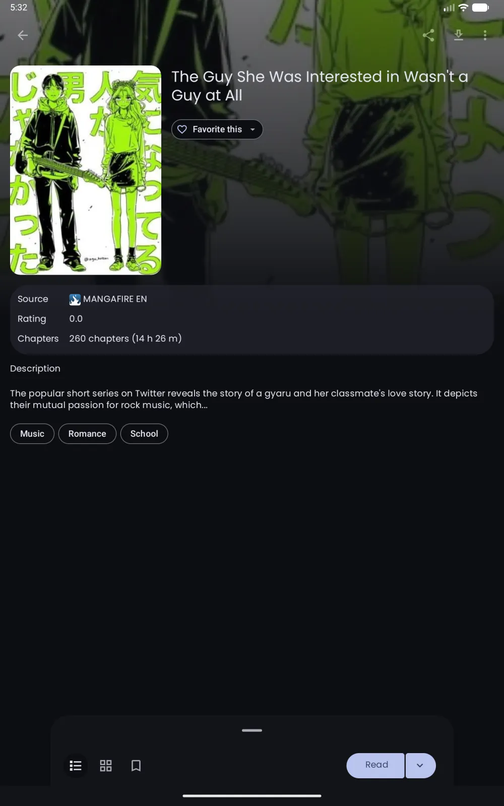 Nyora manga reader on Android tablet — Details: Cover, source, rating, genre tags and the full chapter list.