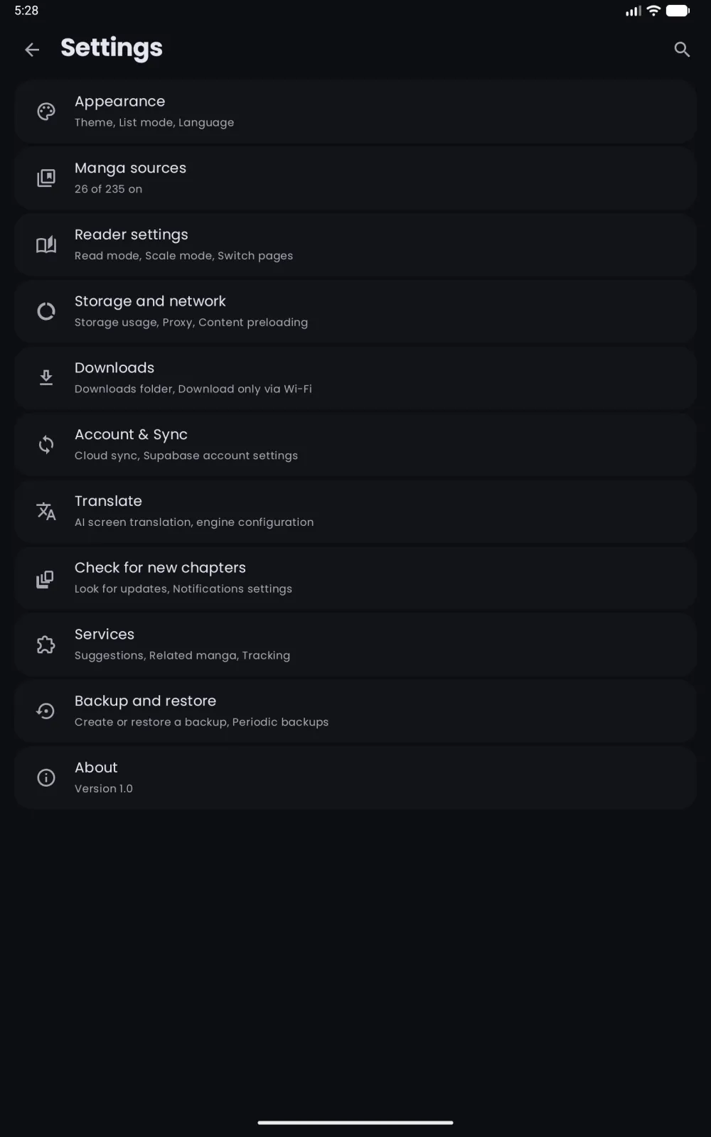 Nyora manga reader on Android tablet — Settings: Appearance, sources, reader, translation, sync and backup.