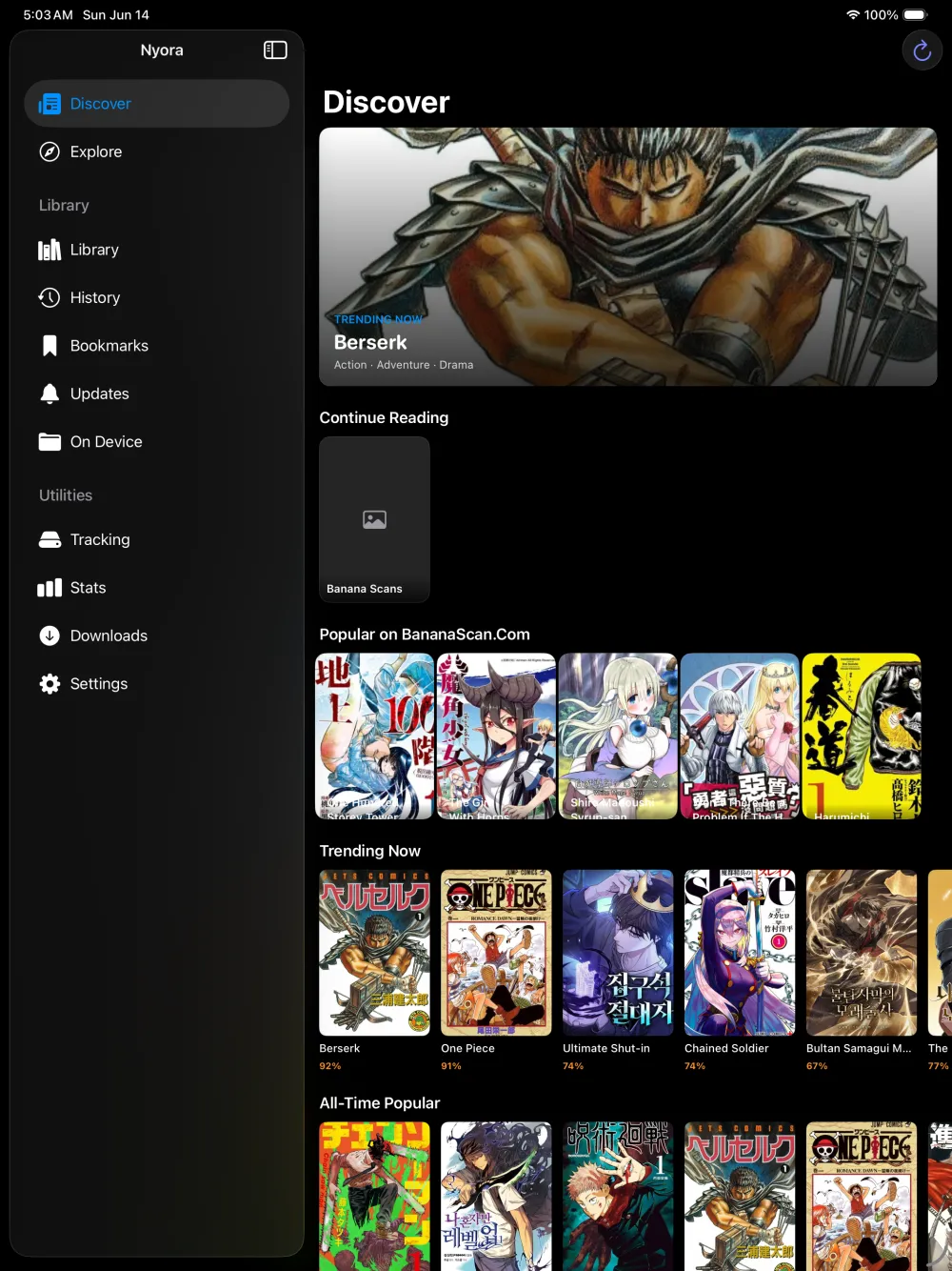 Nyora manga reader on iPad — Discover: A roomy sidebar beside Discover — Continue Reading, Popular and Trending in multi-column grids.