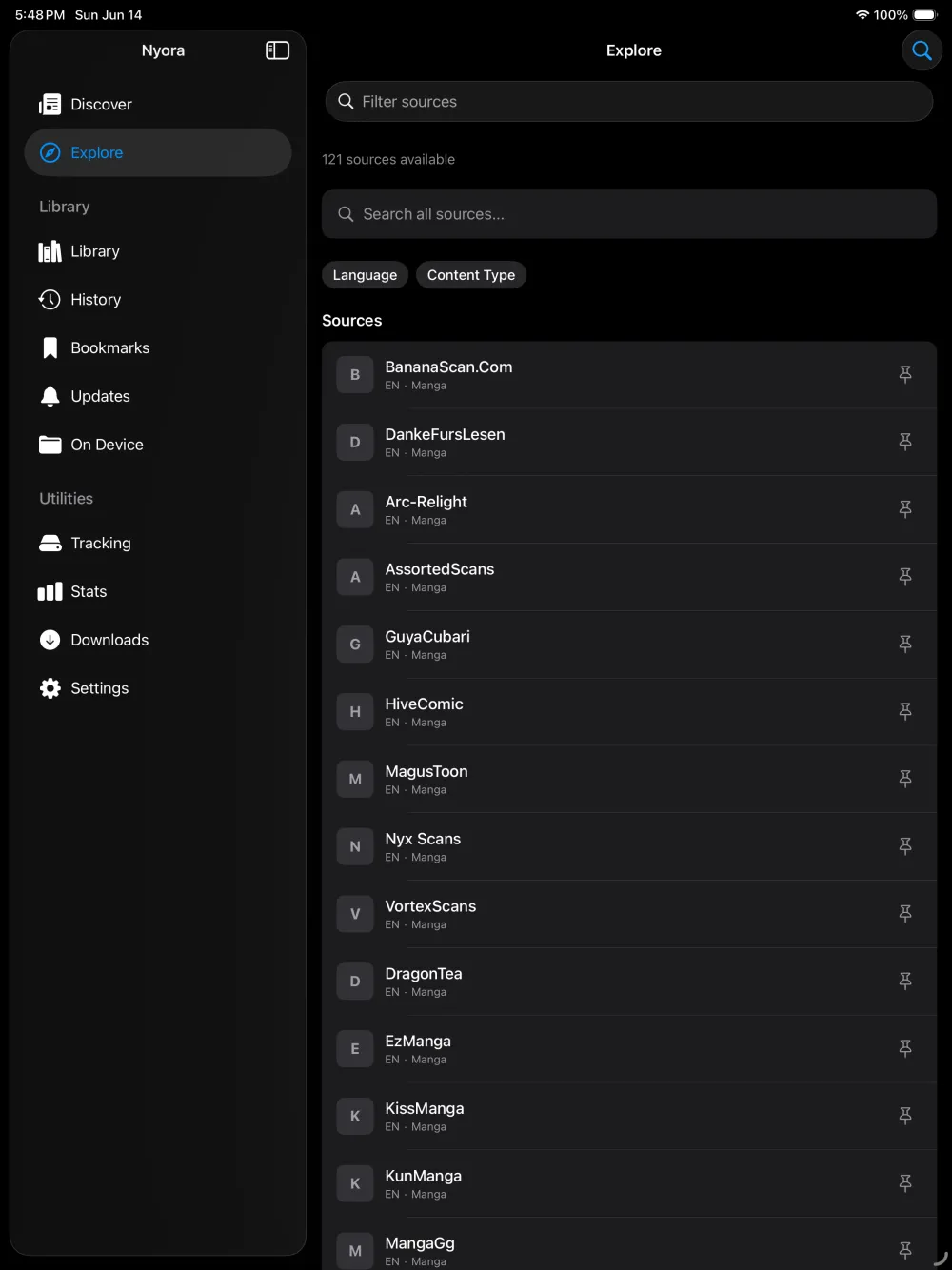 Nyora manga reader on iPad — Explore: Browse every installed source, each tagged by language, with filters and pinning.