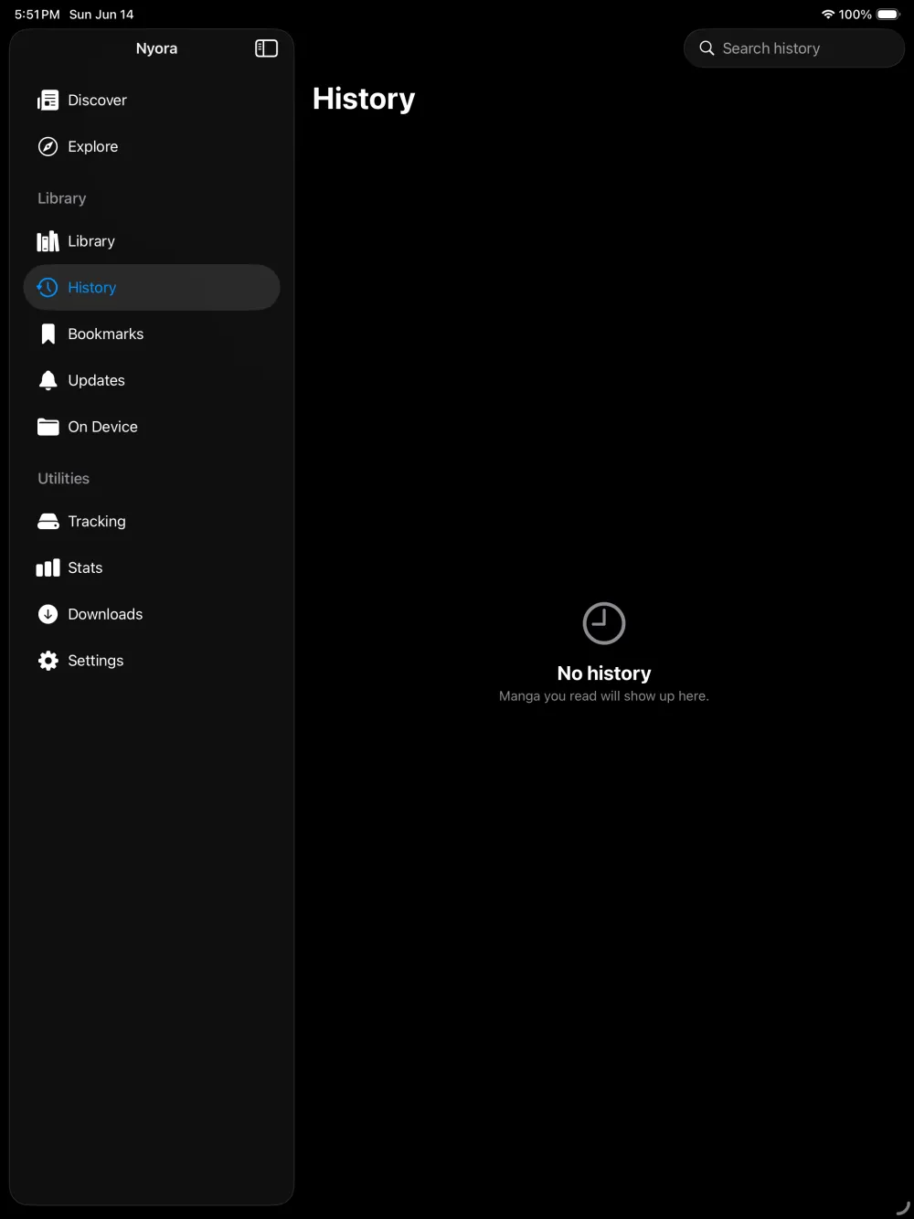 Nyora manga reader on iPad — History: Pick up exactly where you left off.