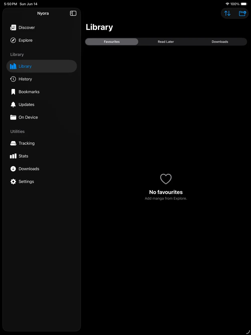Nyora manga reader on iPad — Library: Favourites, Read Later and Downloads with the sidebar always in reach.