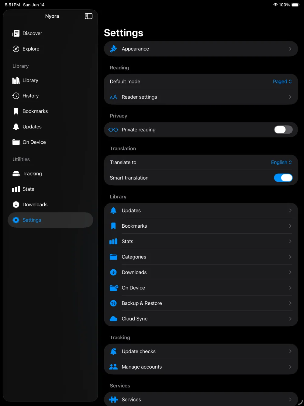 Nyora manga reader on iPad — Settings: Reading, translation, privacy, trackers and cloud sync.