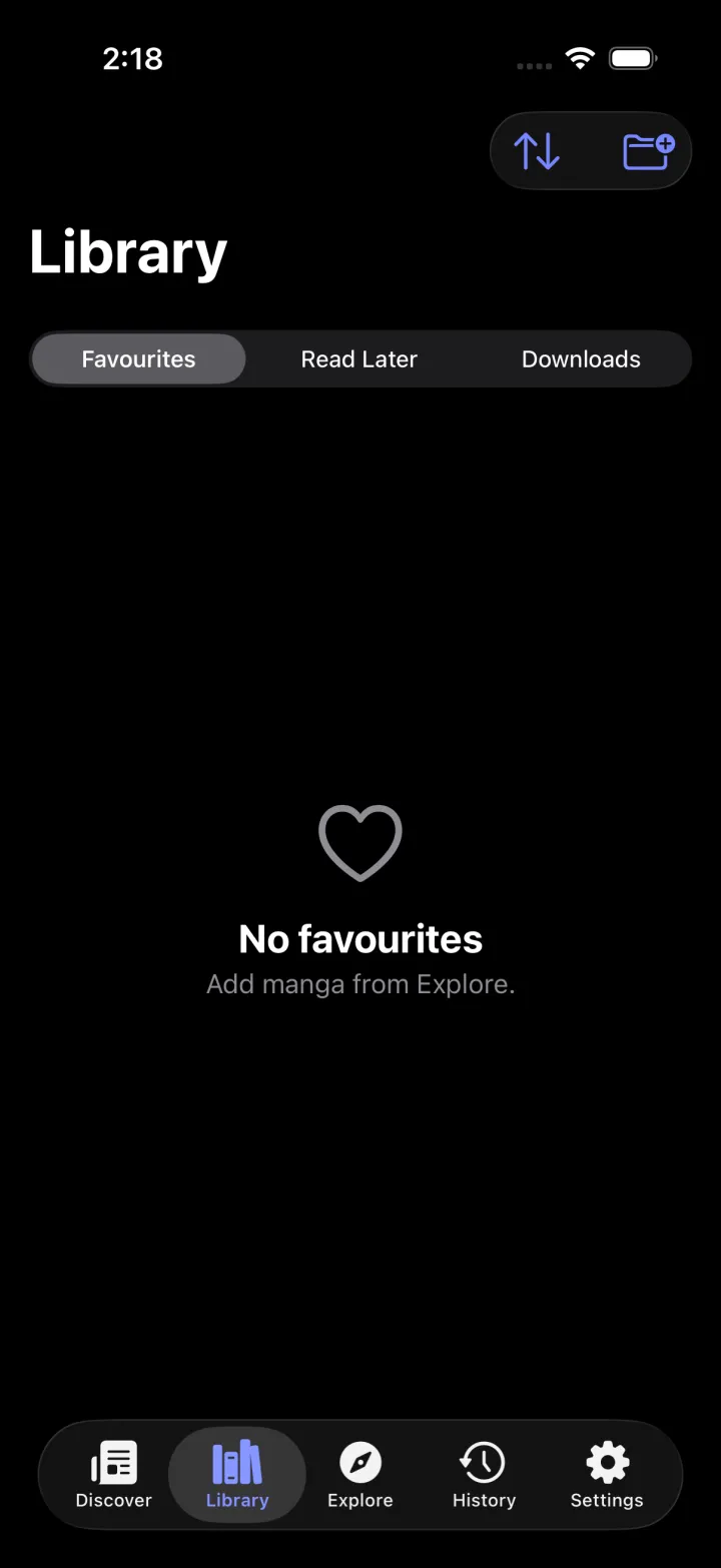 Nyora manga reader on iPhone — Library: Favourites, Read Later and Downloads in one tidy shelf.