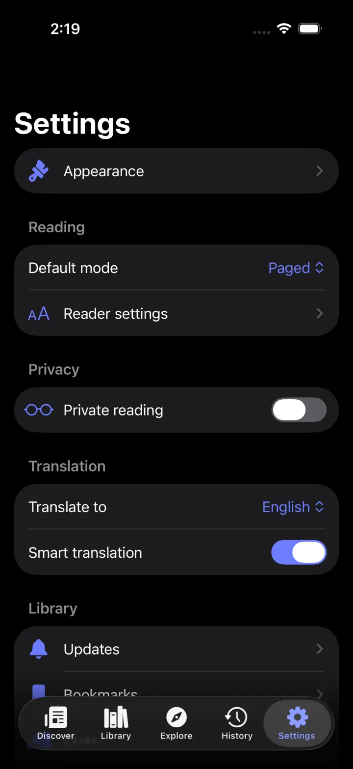 Nyora manga reader on iPhone — Settings: Reader, trackers, sync and appearance — all native.