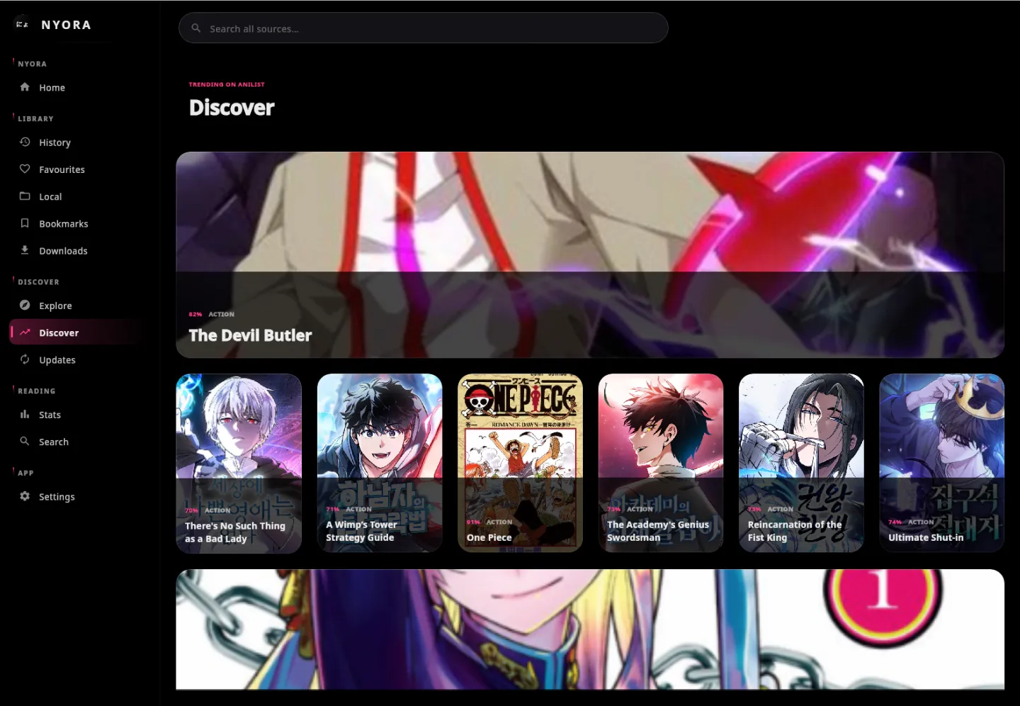 Nyora manga reader on Linux — Discover: A featured title in a large hero banner above a row of recommended covers.