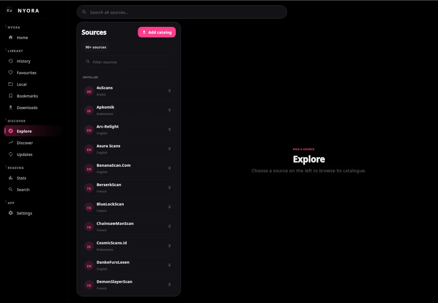 Nyora manga reader on Linux — Explore: Every installed source, tagged by language, with pin and add-catalog controls.