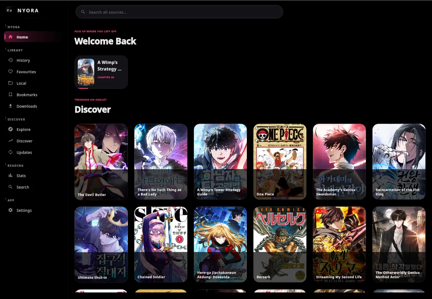 Nyora manga reader on Linux — Home: A "welcome back" home with a Discover grid across the desktop sidebar layout.