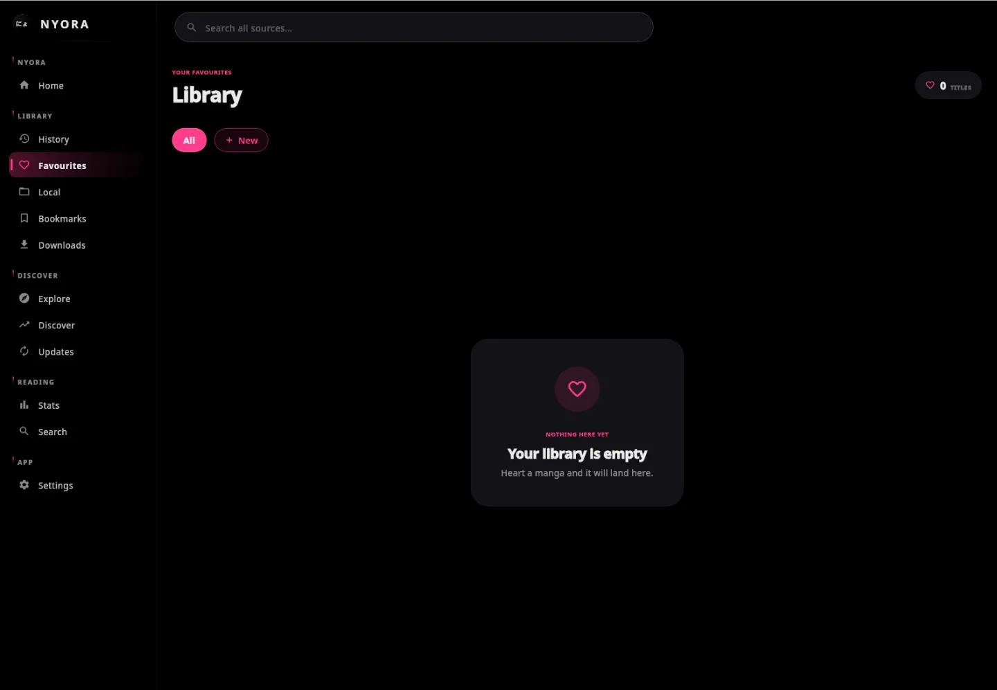 Nyora manga reader on Linux — Library: Your library in custom categories, sorted however you like.