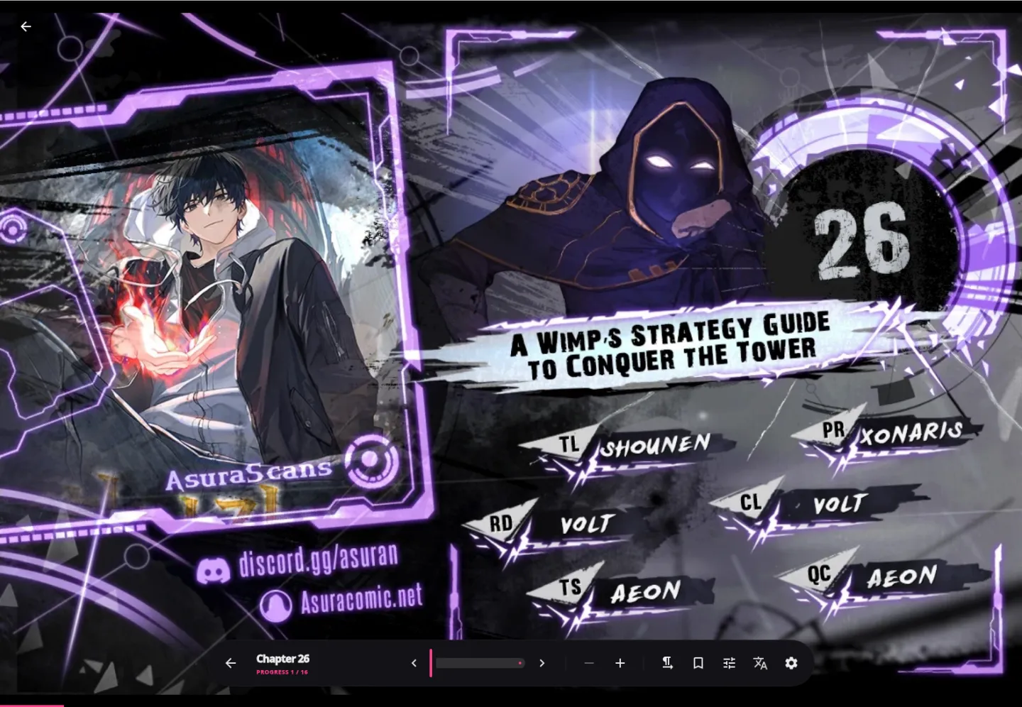 Nyora manga reader on Linux — Reader: A full-width reader with a page-progress bar and a bottom toolbar.