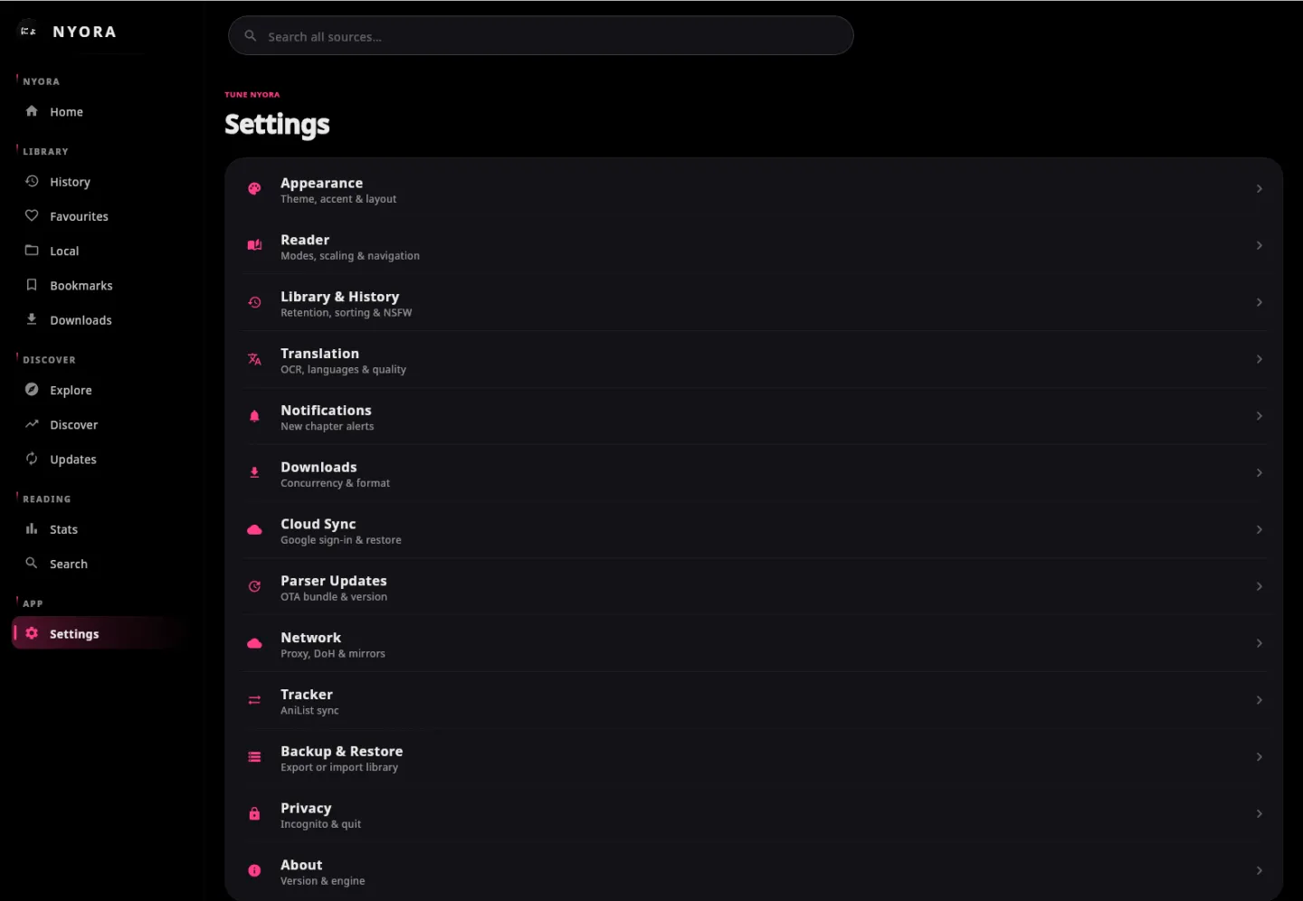 Nyora manga reader on Linux — Settings: Appearance, reader, translation, cloud sync, trackers and backup.