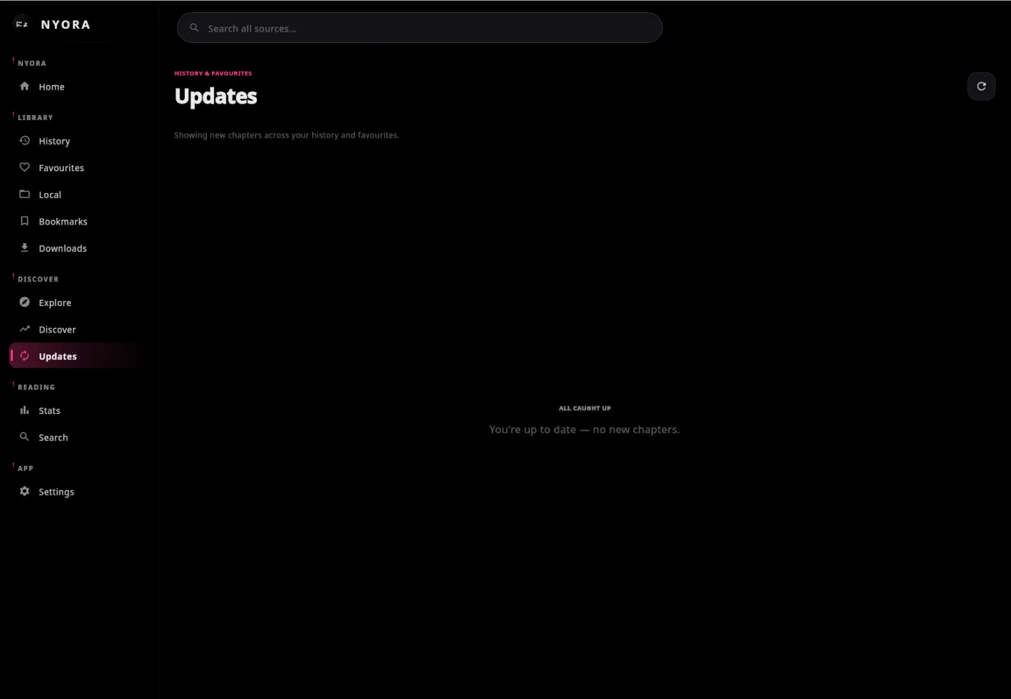 Nyora manga reader on Linux — Updates: New chapters across your whole library in one feed.