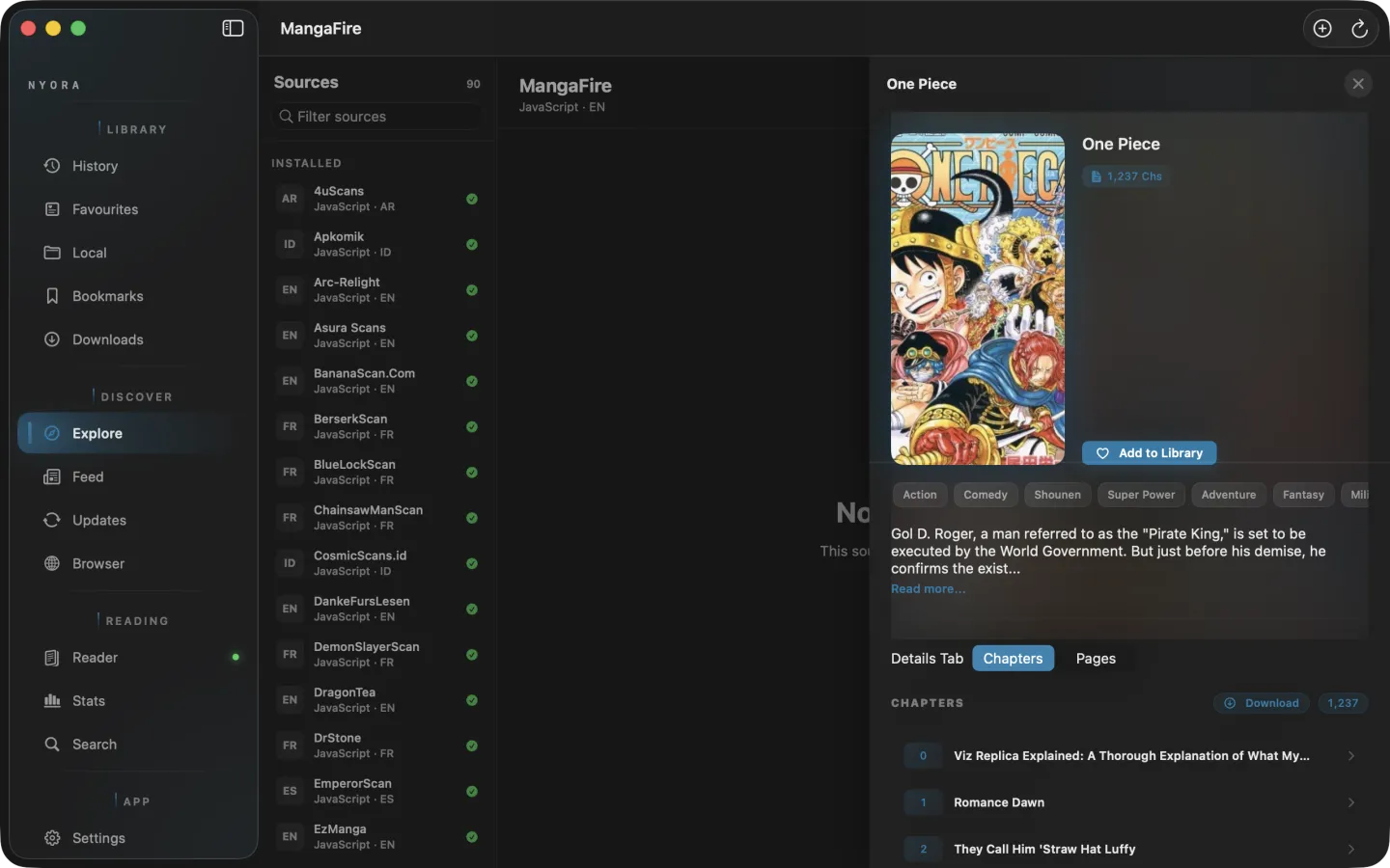 Nyora manga reader on macOS — Details: Full cover, synopsis and chapter list with room to breathe.