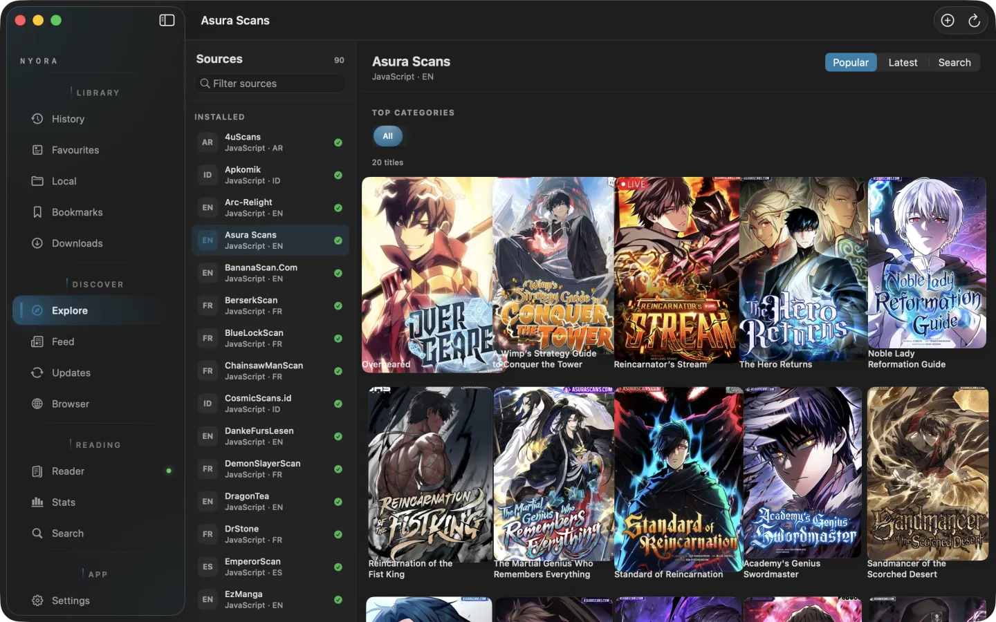 Nyora manga reader on macOS — Explore: Browse every installed source from one window.