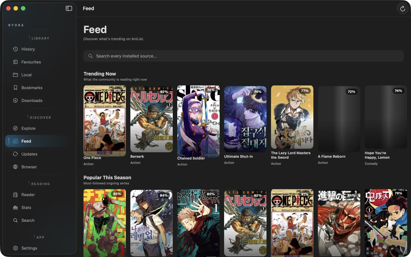 Nyora manga reader on macOS — the trending feed