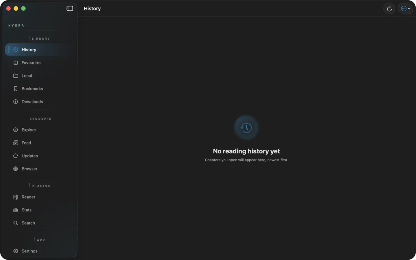 Nyora manga reader on macOS — History: Your recent reading at a glance.