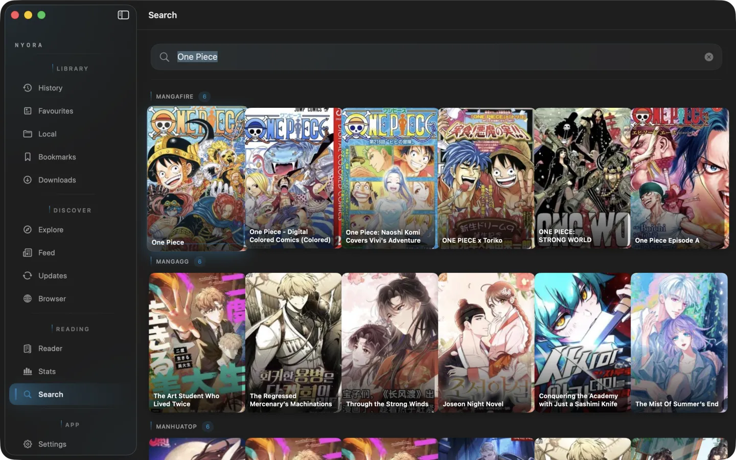 Nyora manga reader on macOS — Search: Matches from every source, side by side.