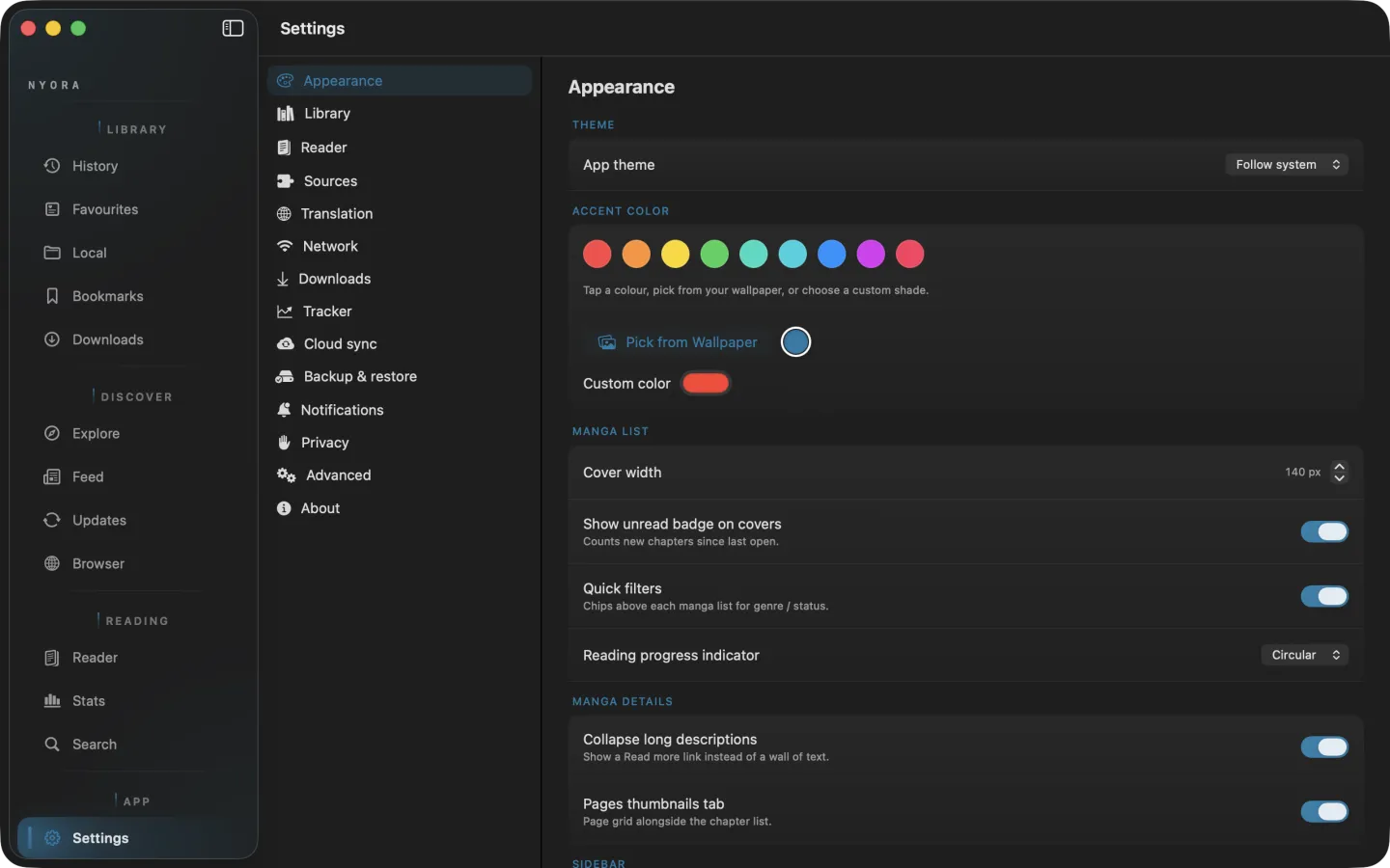 Nyora manga reader on macOS — Settings: Appearance, reader, trackers, translation and cloud sync.