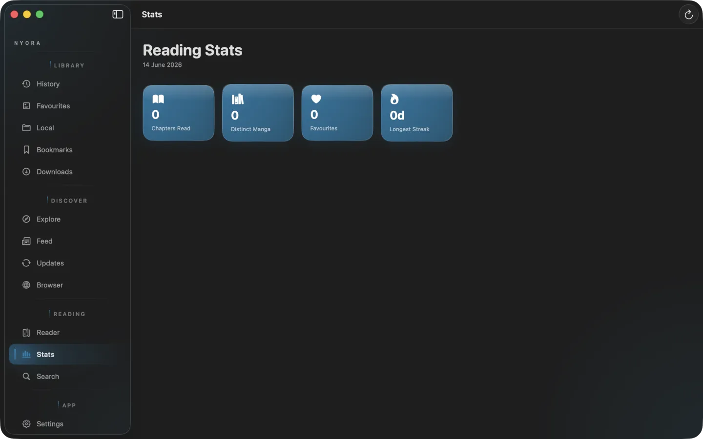 Nyora manga reader on macOS — Stats: Chapters read, distinct manga, favourites and your longest streak.