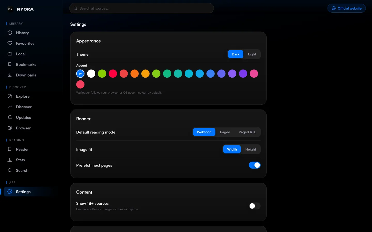 Nyora manga reader on the web — Settings: Reader, sync and appearance, right in the browser.