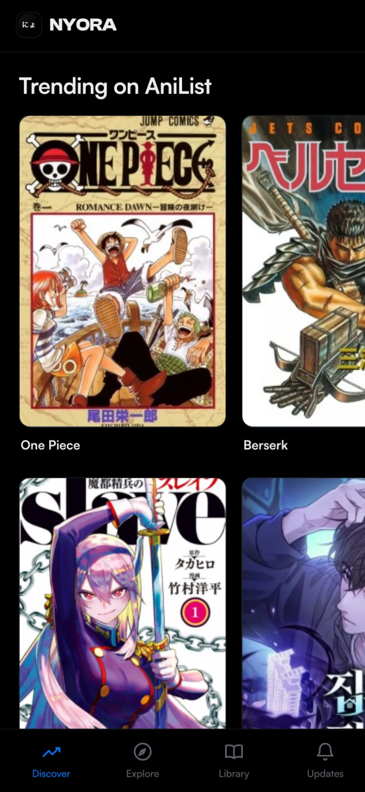 Nyora manga reader on mobile web — Discover: Trending titles tuned for a phone screen.