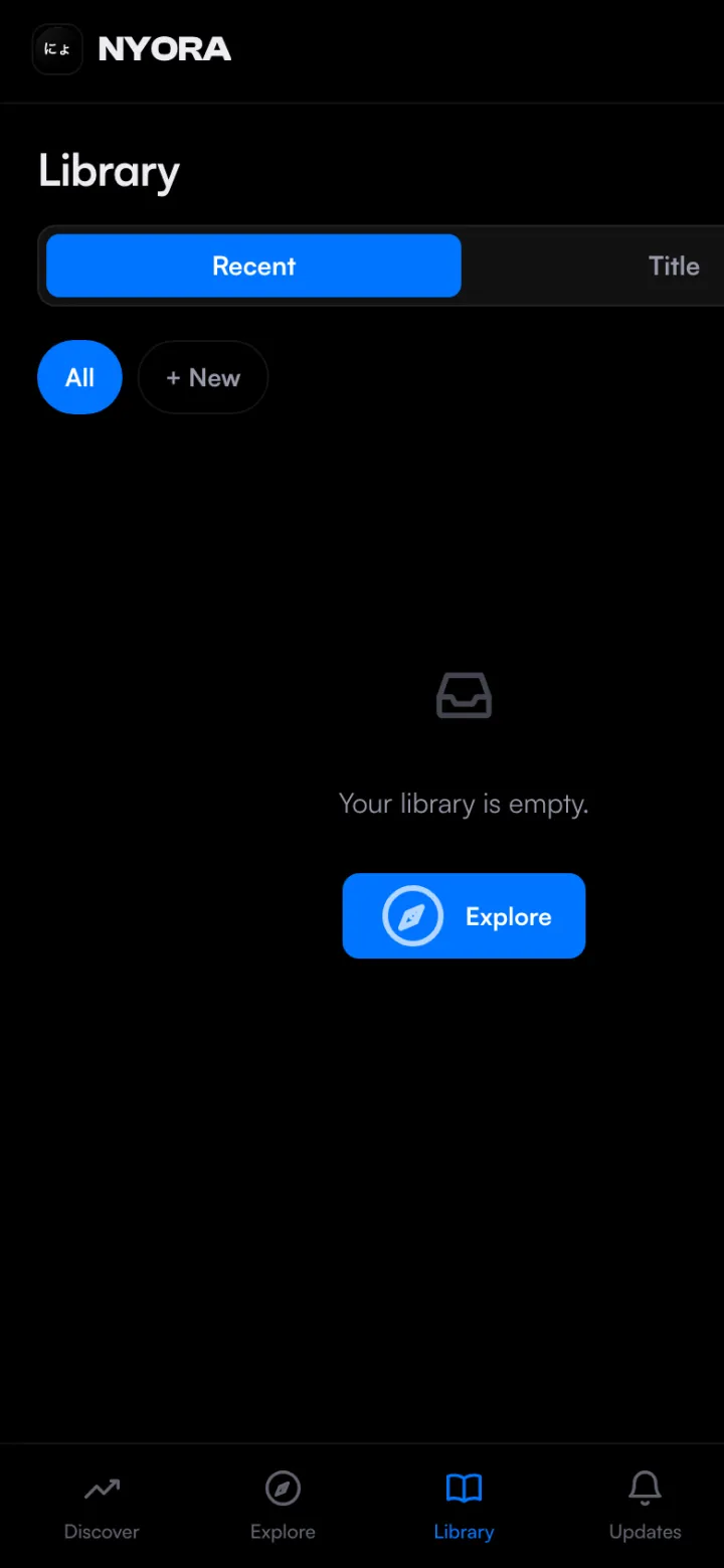 Nyora manga reader on mobile web — Library: The same library, responsive down to mobile.