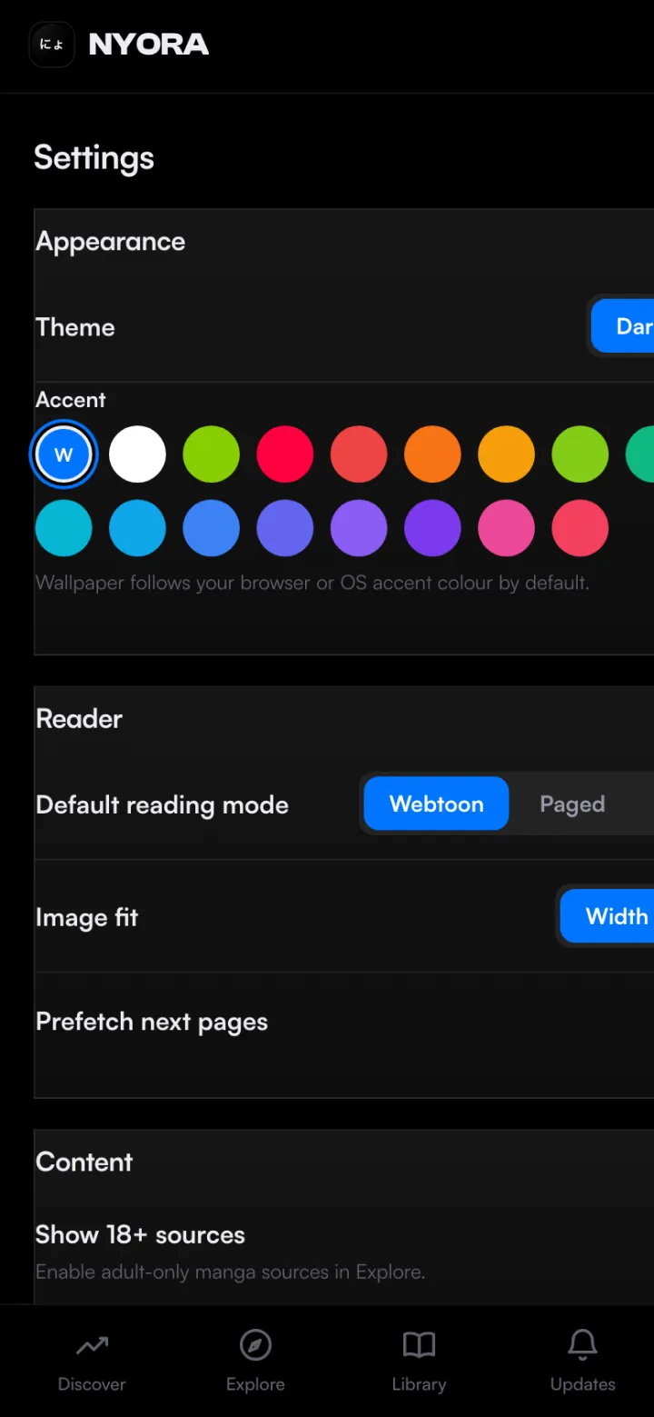 Nyora manga reader on mobile web — Settings: Full settings in the mobile web app.