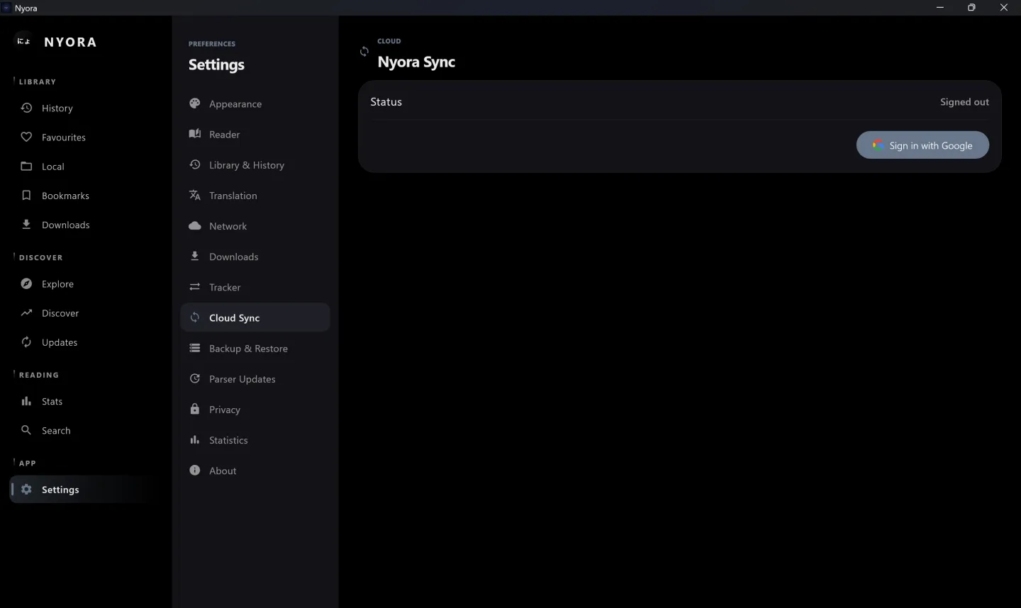 Nyora manga reader on Windows — Nyora Sync: Use Nyora Sync to keep your library across every device.