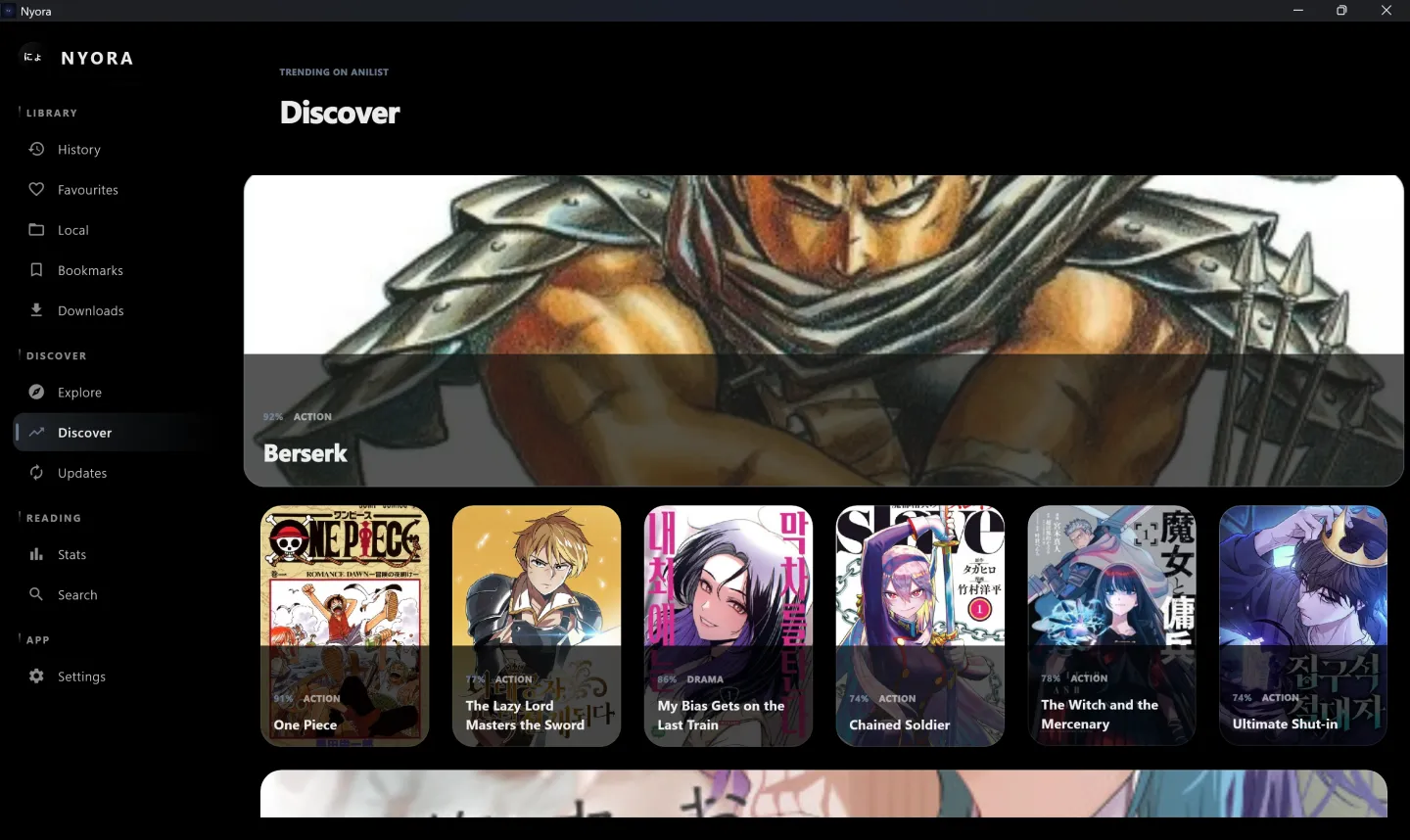 Nyora manga reader on Windows — Discover: Trending titles surfaced the moment you open the app.