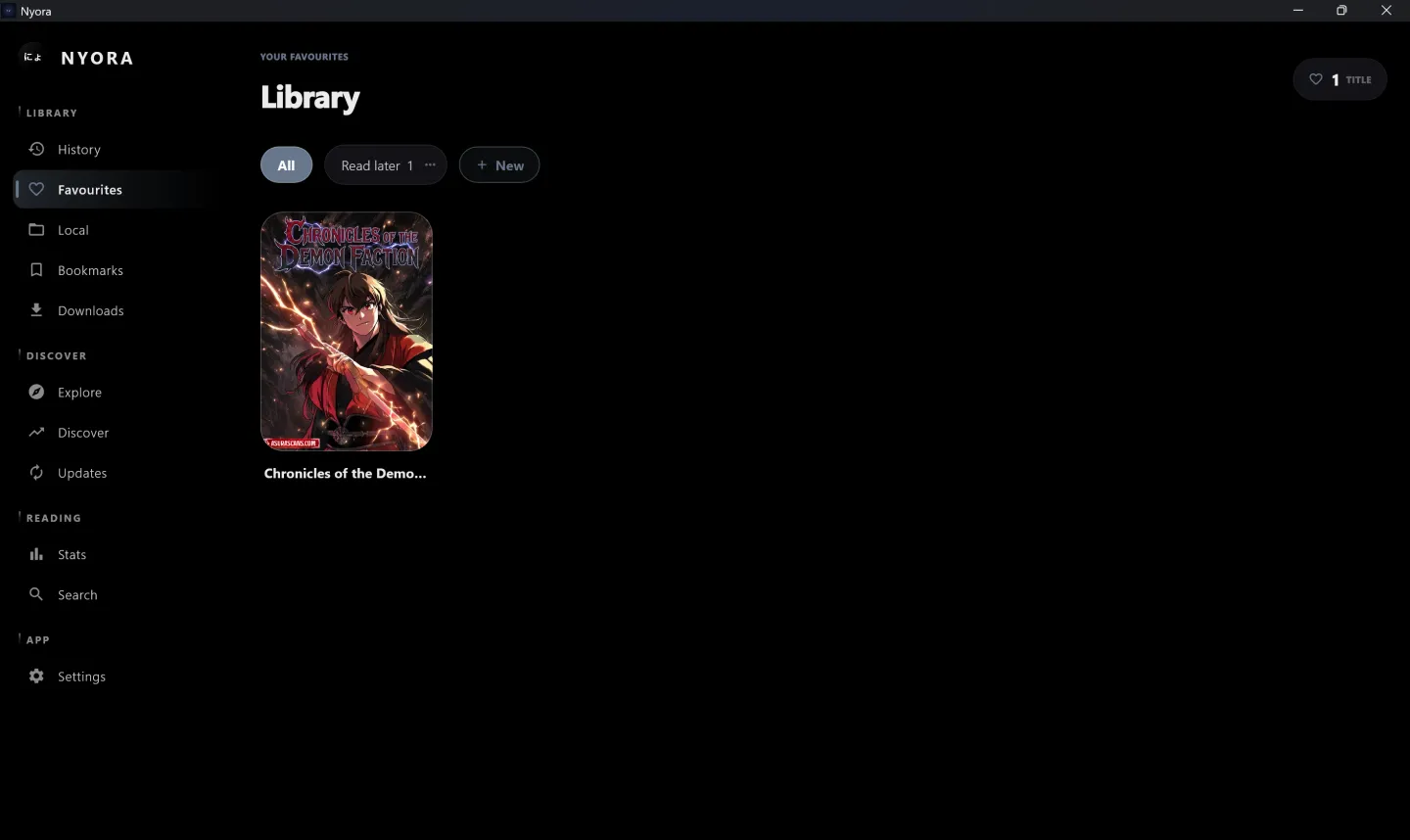 Nyora manga reader on Windows — Library: Your saved manga organised into custom categories.