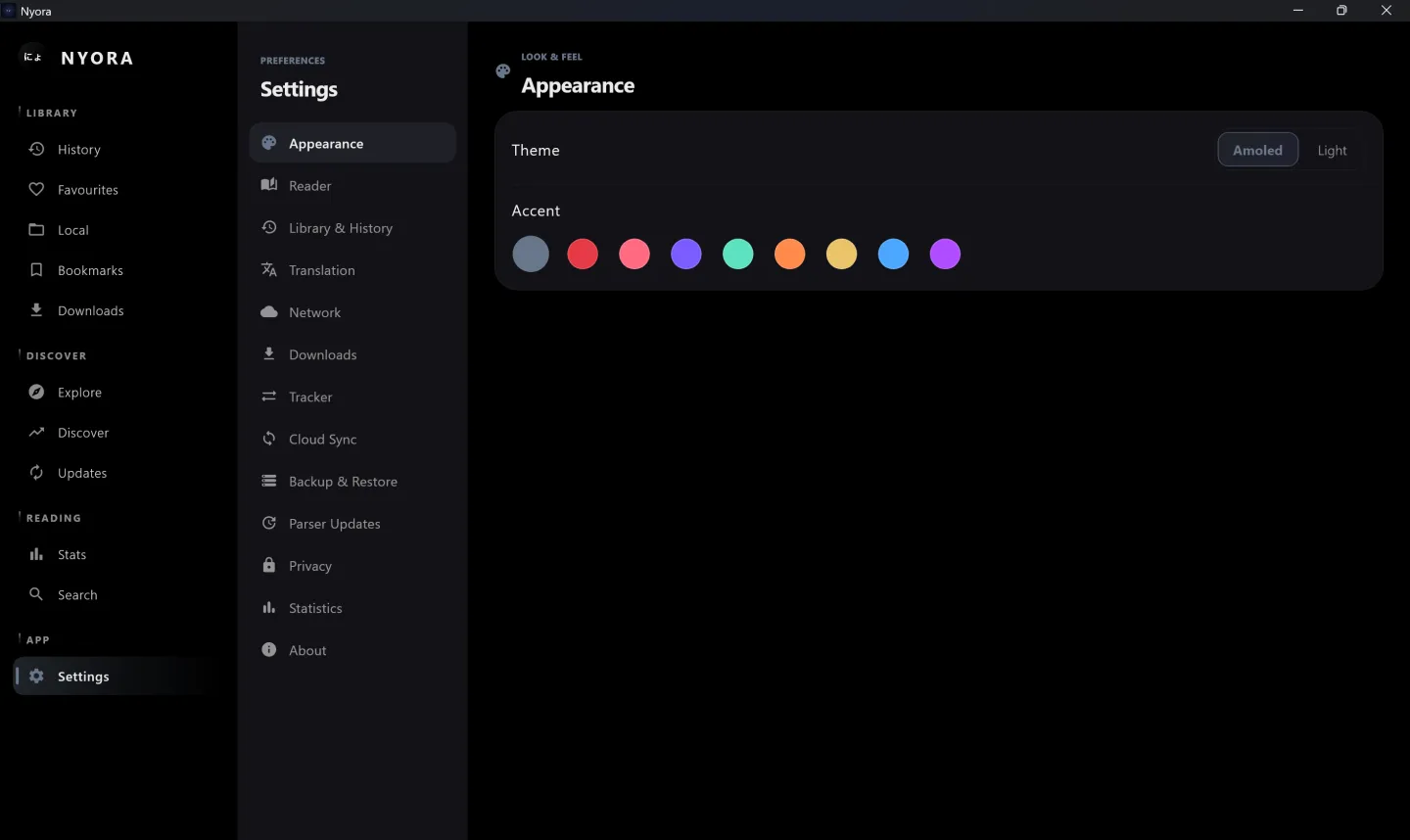 Nyora manga reader on Windows — Settings: Reader, translation, trackers, sync and more — all in one place.